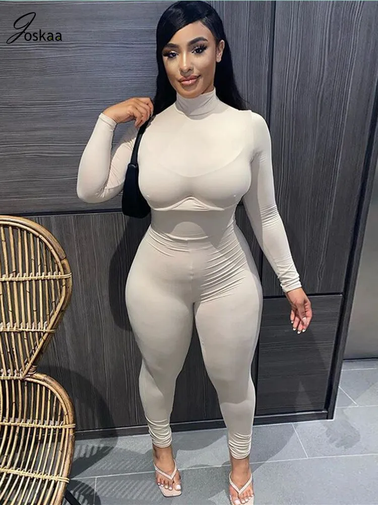 

Joskaa Nude Turtleneck Long Sleeve Zipper Bodycon Jumpsuit Women One Piece Outfit Sexy Fall Clothes Club Wear Romper Overall