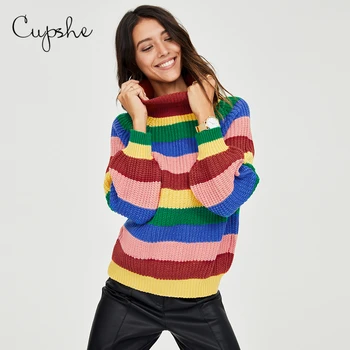 

CUPSHE Colorful Stripe Oversized Sweater Women Casual Turtleneck Long Sleeve Knit Pullover Autumn Winter Female Knitwear Jumper