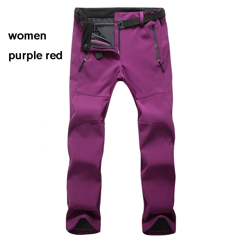 women purple red Пеший Туризм брюки Для мужчин Для женщин на температуру-30 градусов, зимняя одежда с ворсом Водонепроницаемый походные уличные ботинки для кемпинга Рыбная ловля Soft Shell брюки лагерь рыбы подъем - Цвет: women purple red