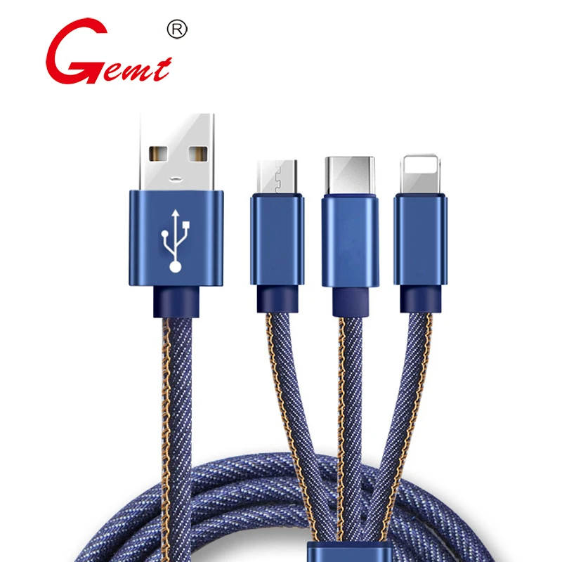 GEMT 1,2 m применимый iOS Android type-c 3 в 1 джинсовый usb кабель для передачи данных один drag три usb кабель для быстрой зарядки мобильного телефона