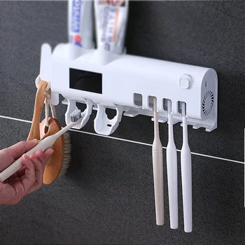 

UV Light Toothbrush Sanitizing Toothbrush Rack Toothpaste Dispenser Bathroom Shelf (White)