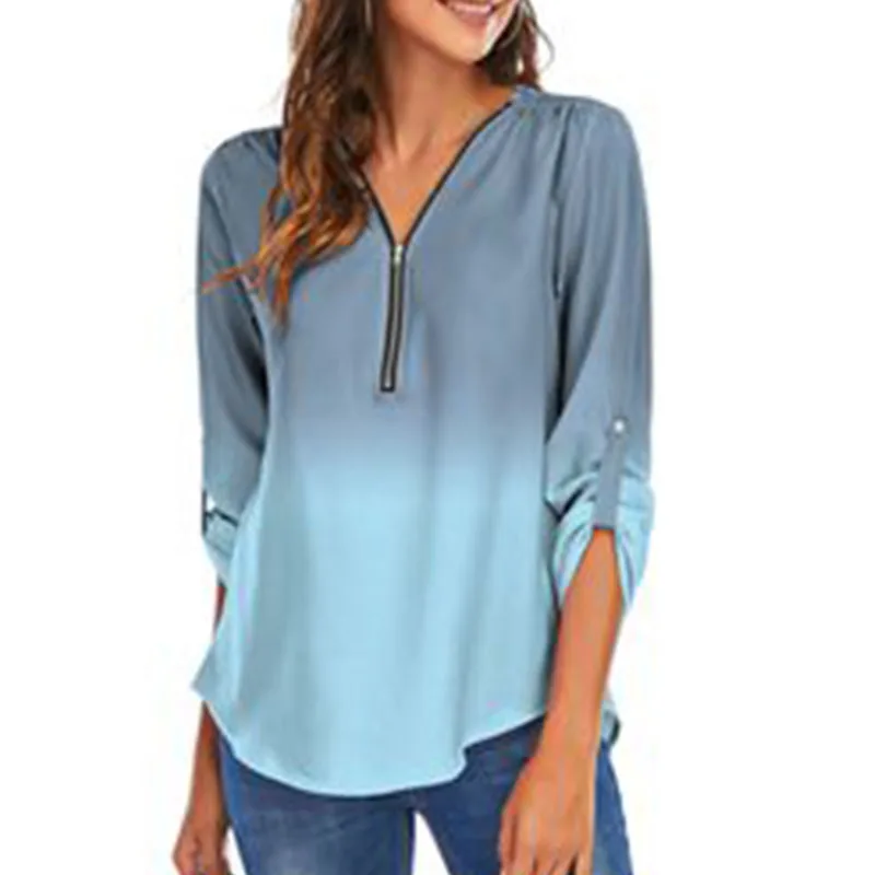 

Модные женские шифоновые, с градиентной расцветкой блузка весенне-осенняя футболка с длинными рукавами на молнии Блузки Повседневный свободный стиль, с v-образным вырезом, большие Размеры