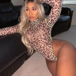 Neon Long Sleeve Leopard Bodysuit Turtleneck Romper Womens Jumpsuit 2019 Autumn Female Tops Slim Fashion Club Body  Body Suit