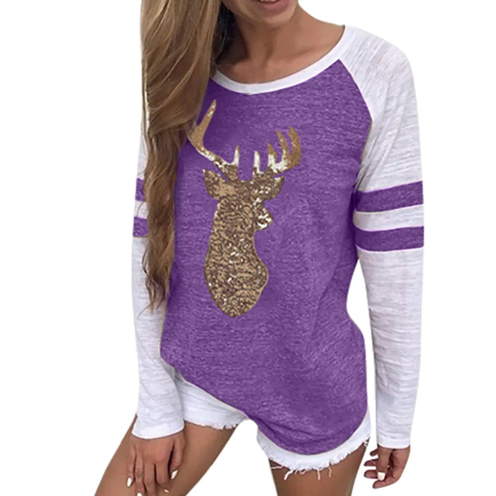 Plus Size S-5XL Christmas Tops Women T-shirt Elk Print Xmas Long Sleeve Happy Tops T Shirt Winter Female Roupas Feminina T-shirt
