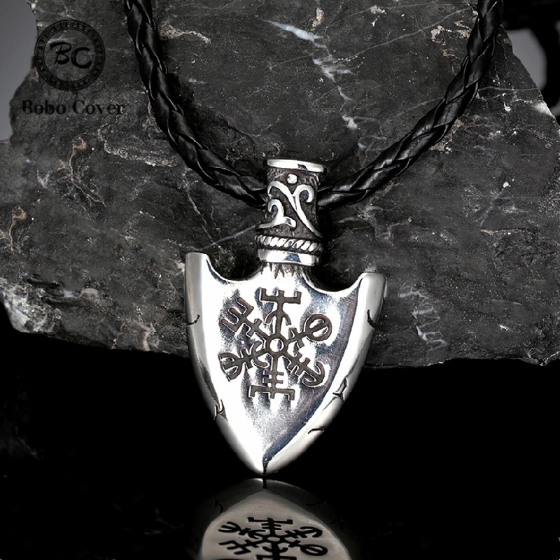 Stainless Steel Viking Shield Necklace Men Double-sided Norse Rune