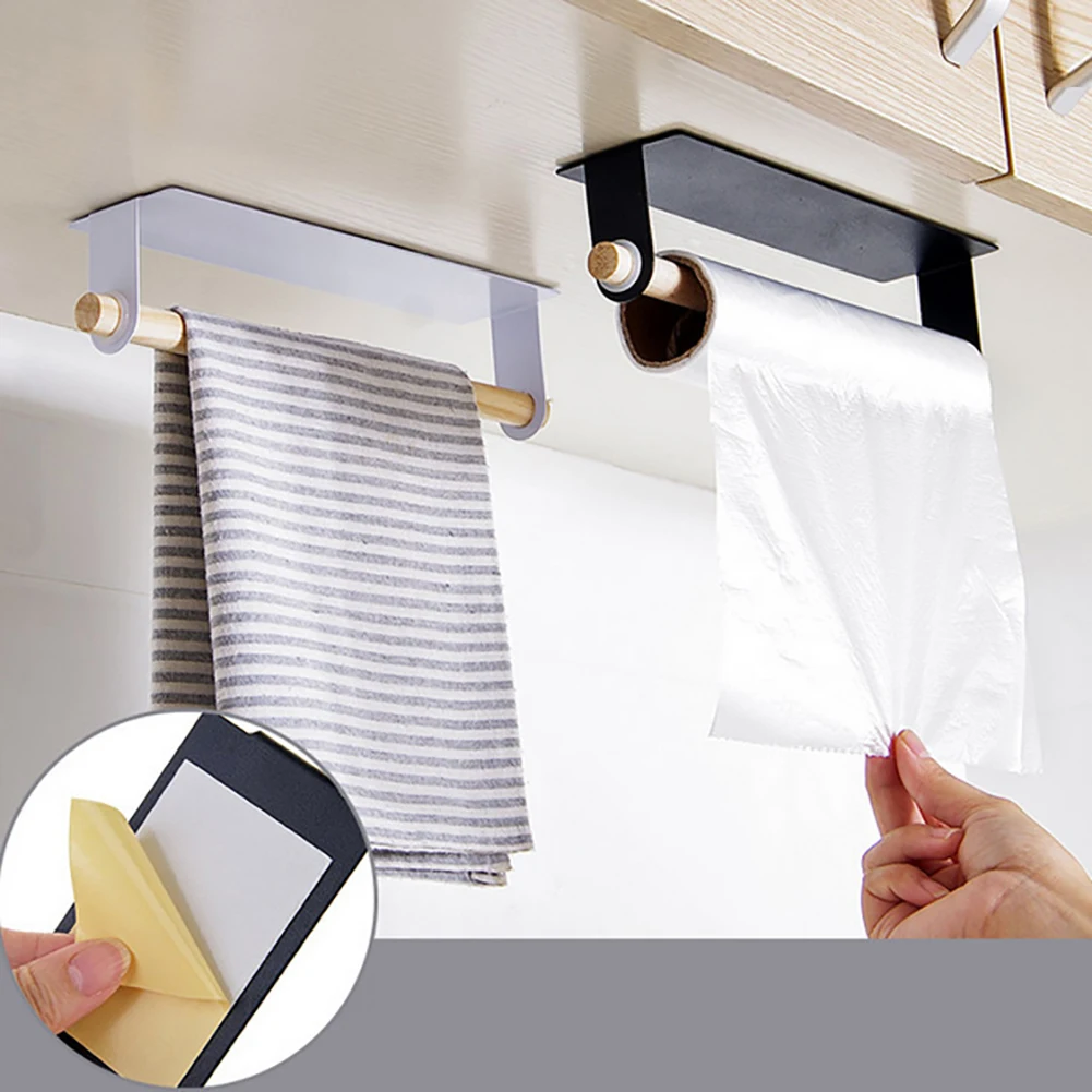 

Punch Free Self-Adhesive Roll Paper Holder Towel Wooden Storage Rack Hanging Shelf Hanger Storage For Kitchen Bathroom Toilet