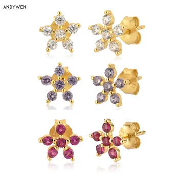 

ANDYWEN 925 Sterling Silver Five Zircon Flower Stud Earring Women Fashion Crystal CZ Piercing Ohrringe Pendiente Wedding Jewelry