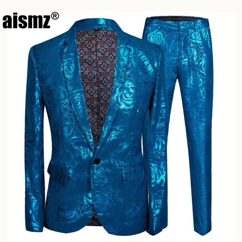 Красный Aismz бренд мужской плюс размер 5XL золотой цветочный узор Slim Fit Мужские костюмы с брюками свадебный смокинг жениха певица костюм - Цвет: Красный