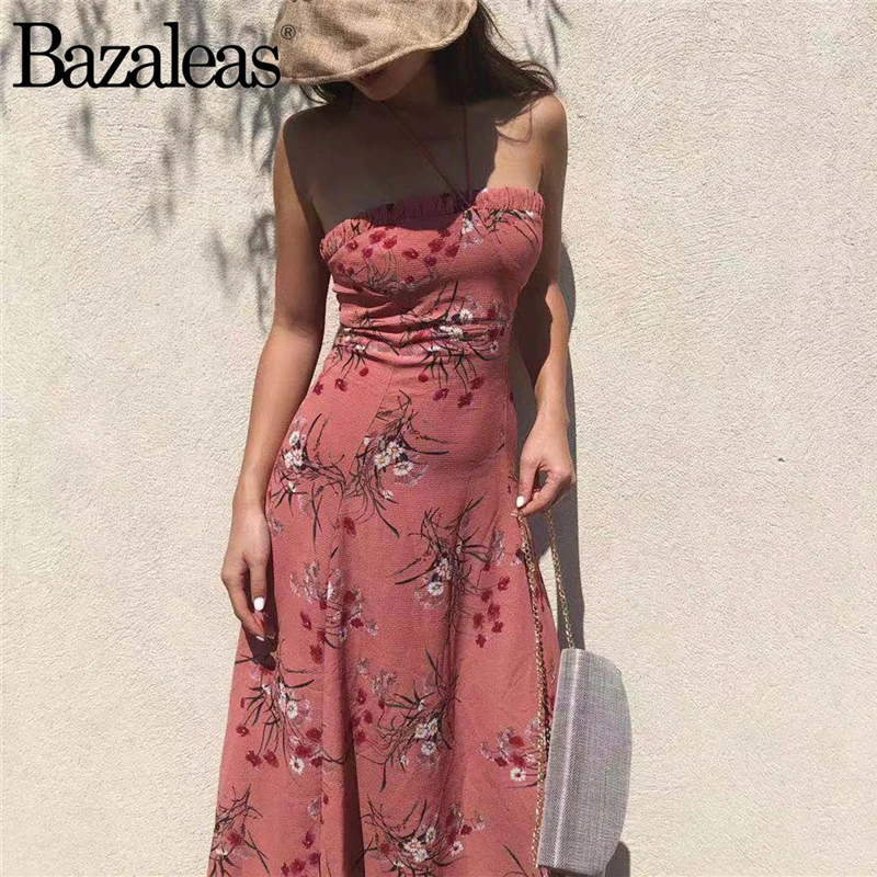 

Bazaleas Strapless Dresses Vintage Club Vestidos Party Dress Center Bow women midi Dress Red Floral Print Summer Dress