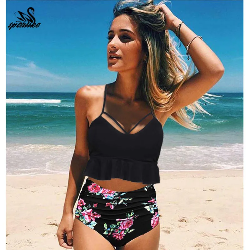 

Sexy Bikini Set 2019 Lady Vintage Retro Floral Ruffle Swimwear Women Female High Waist Swim Suit Plus Size Monokini Trikini