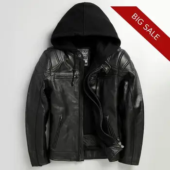

2020 Black Men Hood American Style Motorcycle Leather Jacket Plus Size XXXXL Genuine Thick Cowhide Winter Biker's Leather Coat
