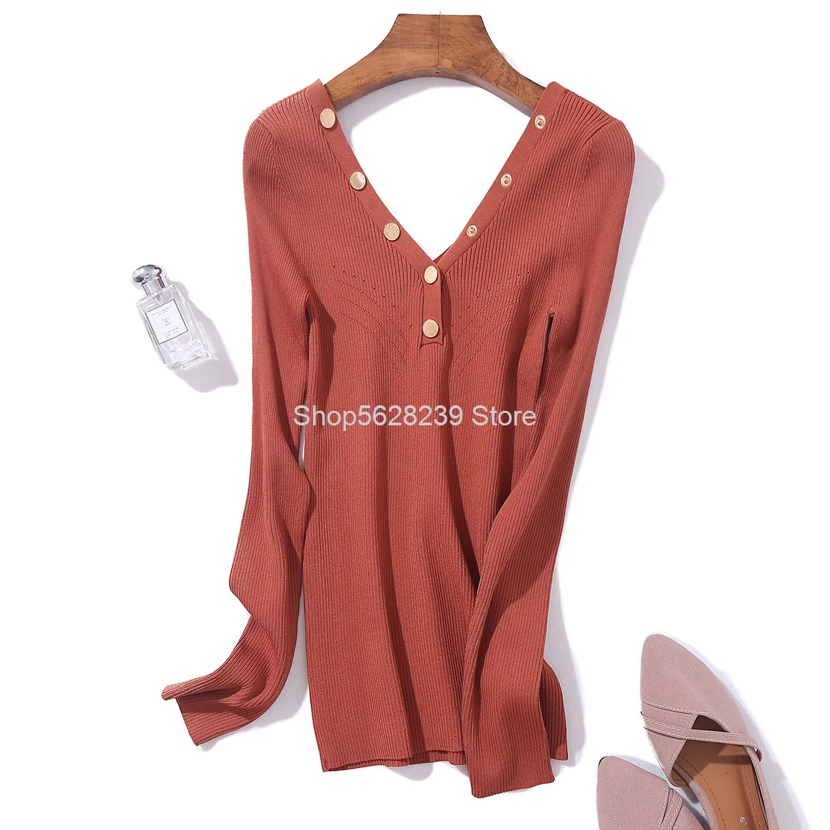 

French Wind Curved Beads V Collar Female Long Sleeve Lu Back Waist Slimming Backing Shirt 2020 Season