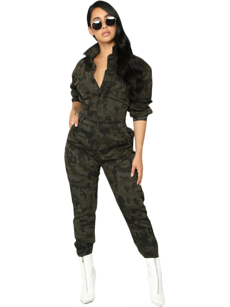 Camouflage Dawer Me Камуфляжный боди с длинными рукавами и высокой талией, женский комбинезон с отложным воротником и карманами, женский комбинезон KZ122 - Цвет: Camouflage