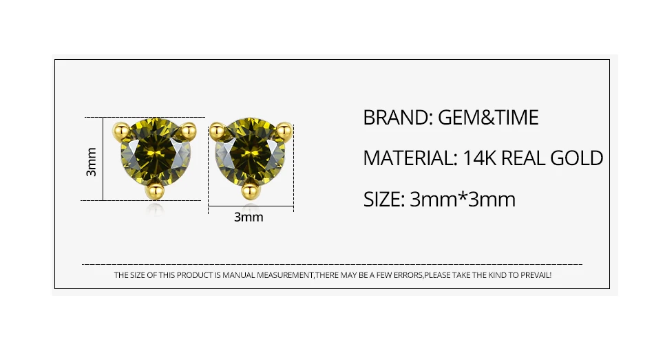 Gem&Time Exquisite Real 14K Gold 3 Prong Green Gemstone Stud Earrings for Women Yellow Gold Earrings Fine Jewelry Gift E14137
