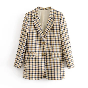 

Woman fashion plaid suit blazer long sleeve pocket office lady work coat female outerwear elegant tops