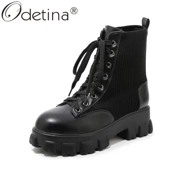 

Odetina Women Fashion Round Toe Cross-tied Motorcycle boots Ladies Block Mid Heel Platform Knitting Winter Lace Up Ankle Boots