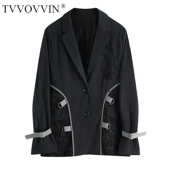 

Loose Women Gray Embroidery Flower Buckle Blazer Lapel Long Sleeve Loose Fit Jacket Fashion Tide Spring Autumn 2020 UONI