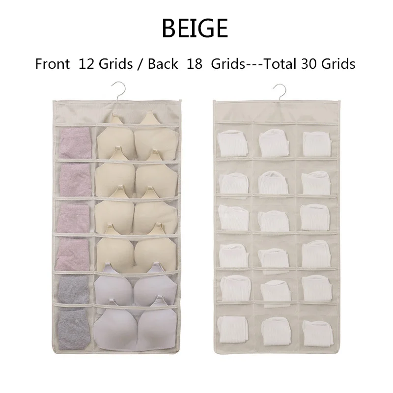 Beige 30 grid-1piece Подвесной Органайзер Ткань Оксфорд настенный шкаф Органайзер большой емкости двойной нижнее белье носки для хранения карманы шкафы сумка шкафчик Po - Цвет: Beige 30 grid-1piece