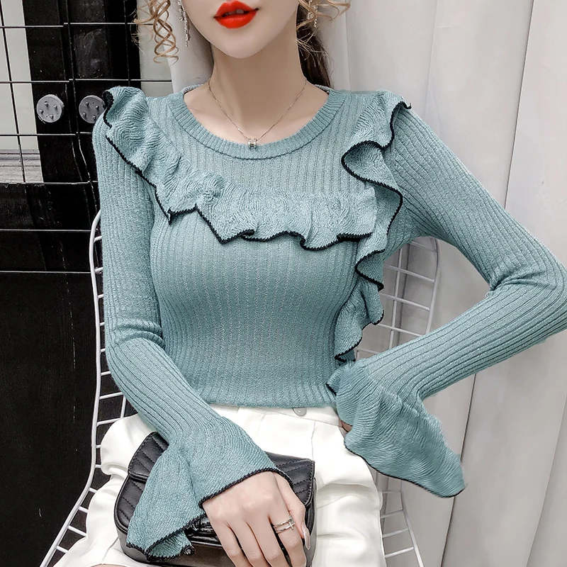 JSXDHK 2021 New Autumn Ruffles O Neck Sweater Tops Elegant Women's Color Matching Flare Sleeve Knitted Slim Bottoming Pullovers | Женская
