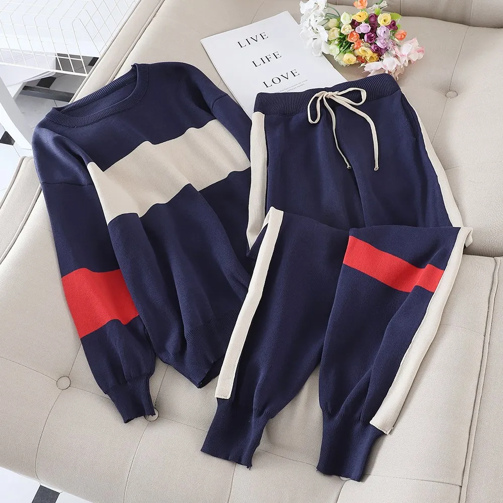 

Fall Hit Color Knitted Tracksuits Women Long Sleeve Pullover Sweater Side Stripe Pant 2 Piece Set