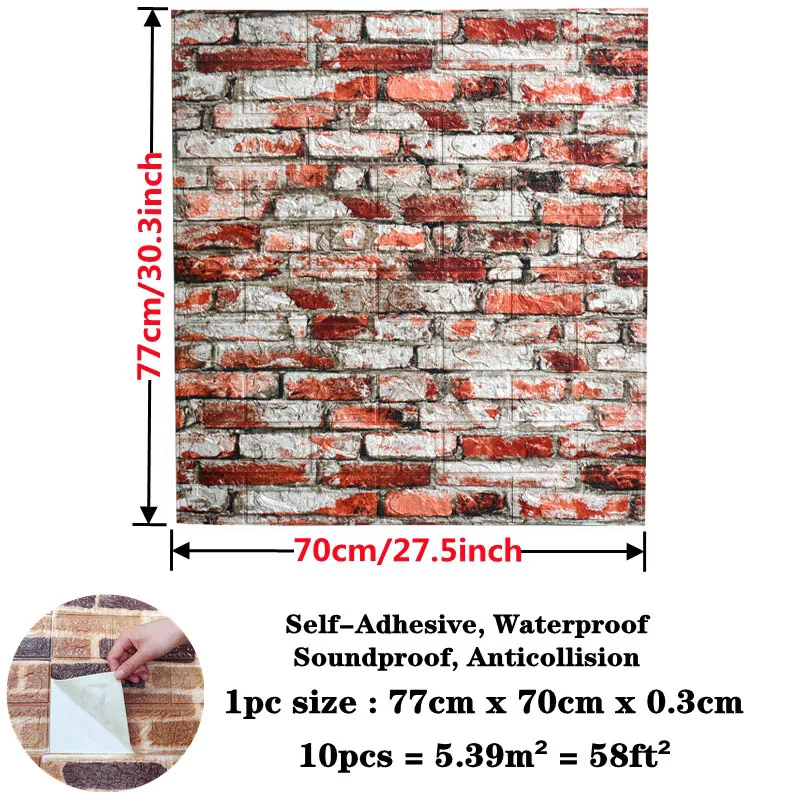 10pcs 3D Brick Wall Paper for Living Room Bedroom TV Wall Waterproof Self-Adhesive Wallpaper Foam Plastic DIY Wall Stickers