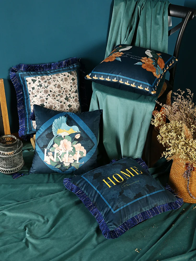 Luxury European Design Bird Velvet Tassel Cushion Cover Pillow Cover Pillowcase Home Decorative Sofa Throw Pillows Living Room