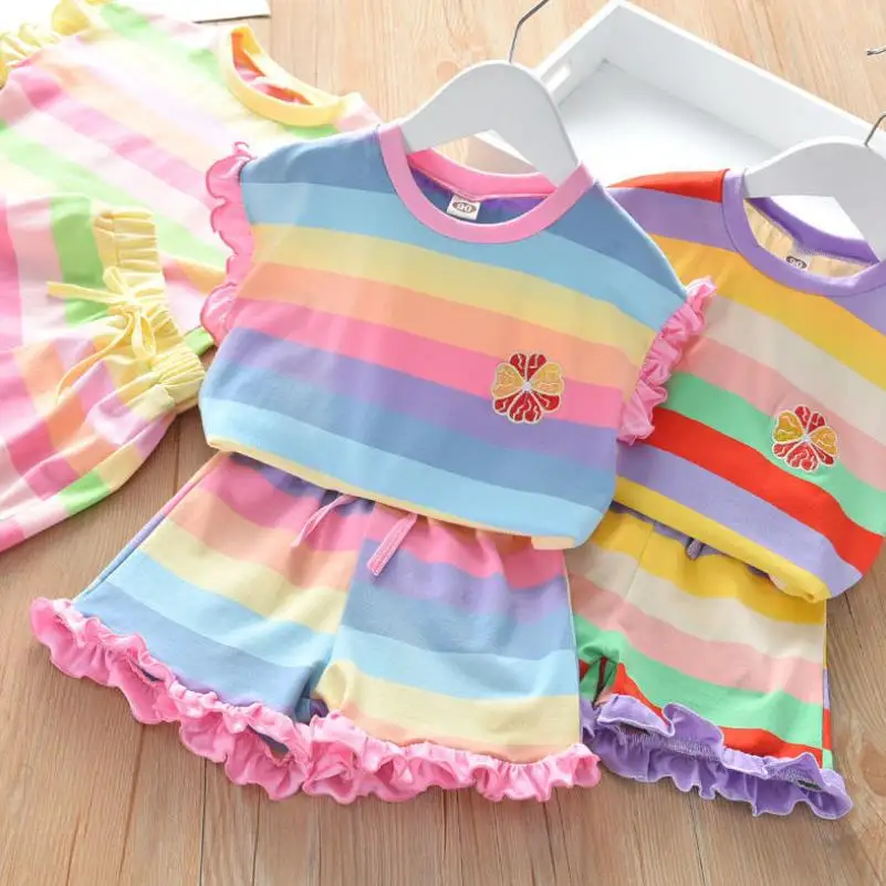 Girls Clothes New Summer Style Baby Girls Striped casual suit Ruffle T-shirt + shorts 2Pcs for Kids Clothes sportswear 2-8Y