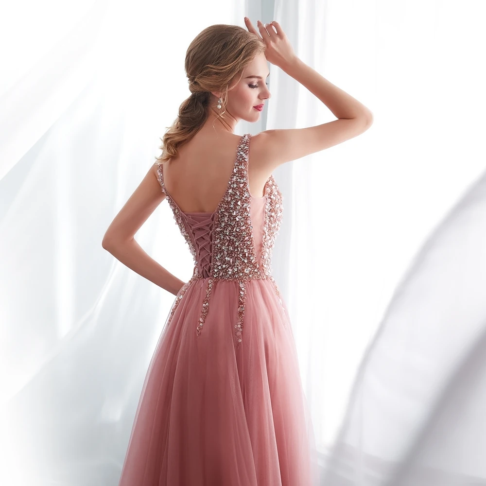 V шеи розовый бисером выпускного вечера платья с высоким разрезом Тюль развертки поезд без рукавов вечернее платье трапециевидной формы на шнуровке с открытой спиной