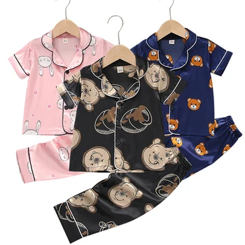 

2-12year Children's Pajamas Kids Cartoon Ice silk satin Pajamas Set Baby Boys Long Sleeve Child Pijama Infantil Girls Home wear