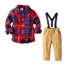 Красная клетчатая Одежда для мальчиков комплект для От 2 до 7 лет для малышей и детей постарше с длинным рукавом костюм с рукавами Осенняя рубашка с подтяжки для брюк Комплект костюма для детей