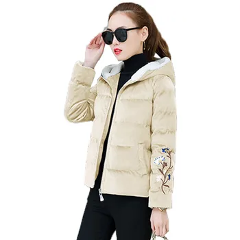 

Gold Velvet Down Cotton Coat Women's Winter Jackets Short embroidery Hooded Outerwear Down Cotton Padded Warm Overcoat Parkas
