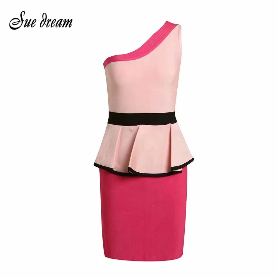 2020 New Summer Women Fashion Sexy One-shoulder Sleeveless Patchwork Mini Bandage Dress Bodycon Celebrity Club Party | Женская одежда