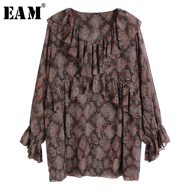 

[EAM] Women Snake Pattern Ruffles Stitch Big Size T-shirt New Round Neck Long Sleeve Fashion Tide Spring Autumn 2020 1S287