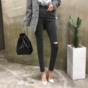 

Real shot 2019 winter new fashion high waist washed black gray one-leg cut cut slim slimming jeans