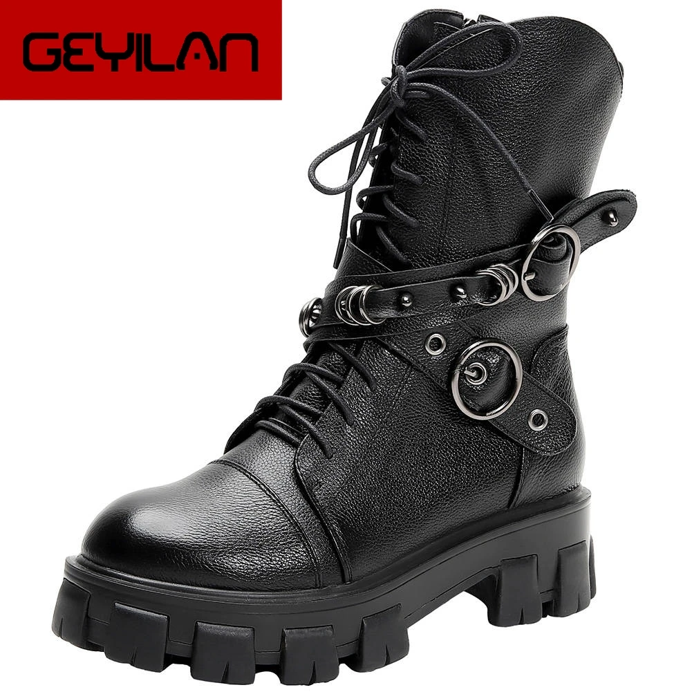

Karinluna 2019 Genuine Leather Belt Buckle Cool Fashion Woman Shoes Winter Motorcycles Boots Women Shoes Ankle Boots Female