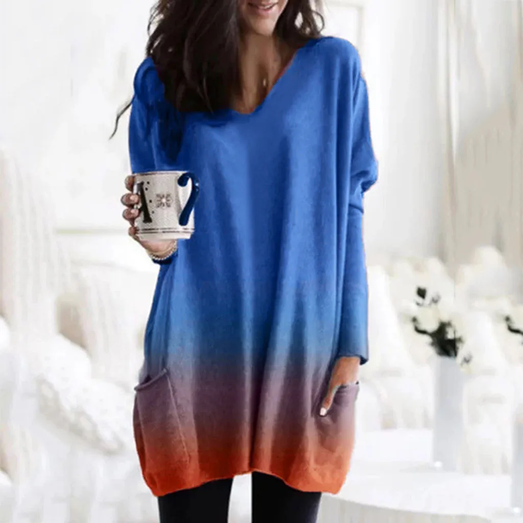 

Plus Size Womens Tunic Long shirt 2020 Autumn Print Dyeing Warm Clothes Casual Long Sleeve V Neck Loose Pullover Blouse blusas