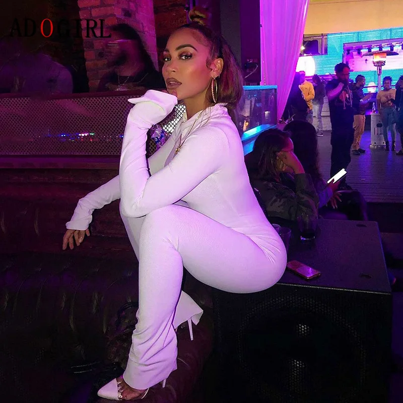 

Adogirl Women Autumn Rompers Fashion Slit Jumpsuit Skinny Long Sleeve Turtleneck Hight Outfit Elastic Female Sporty Streetwear