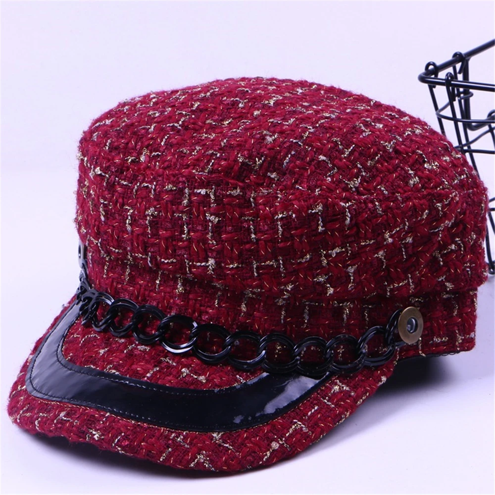 Beret Hats New Women Winter Hats Small Sweet Wind Knitting Flat Top Autumn Military Rope Newsboy Cap Tweed Plaid Girls Fashion