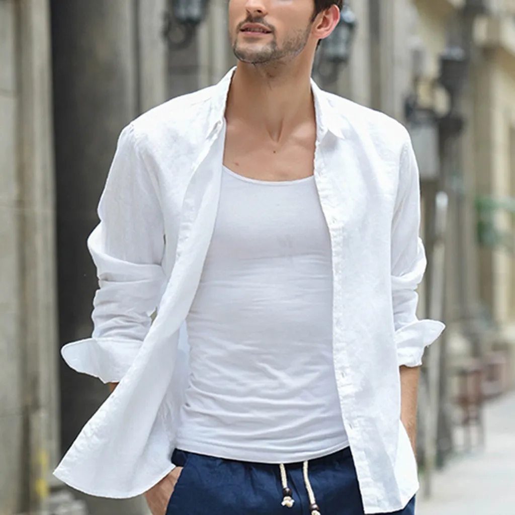 

2019 Summer Plus Size Men's Baggy Solid Cotton Linen Long Sleeve Button Shirts M-3XL camisa masculina camisas hombre