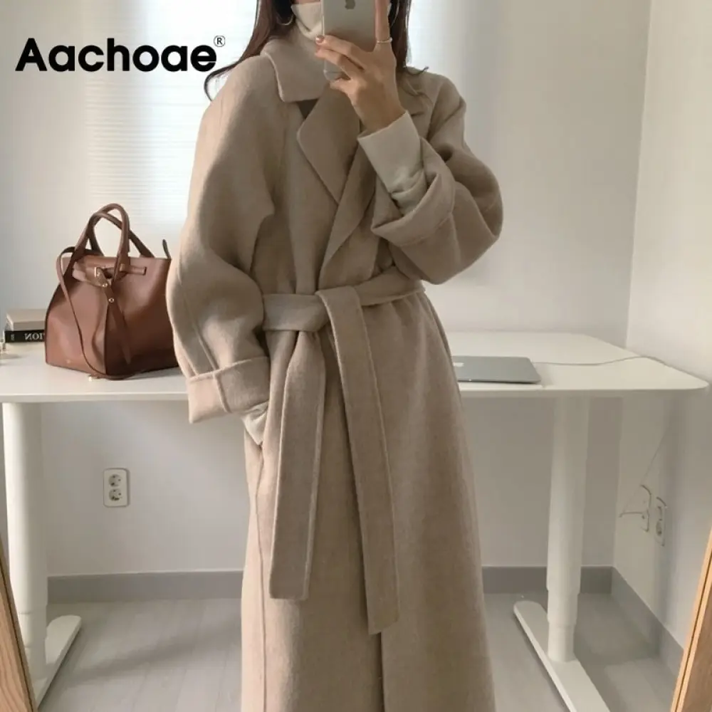 Женское шерстяное пальто Aachoae, Элегантное Длинное однотонное пальто с поясом и длинным рукавом, шикарная верхняя одежда, осень-зима 2020