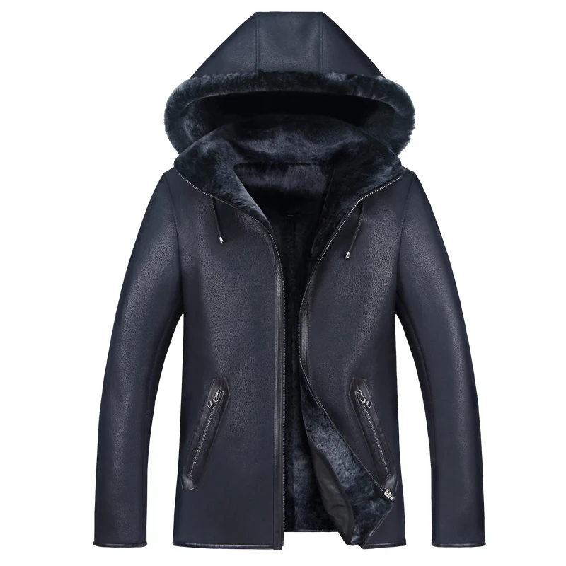 High Quality Men Genuine Leather Coat Sheepskin Mens Hooded Shearling Jacket Leather Winter Jackets Plus Size M-5XL