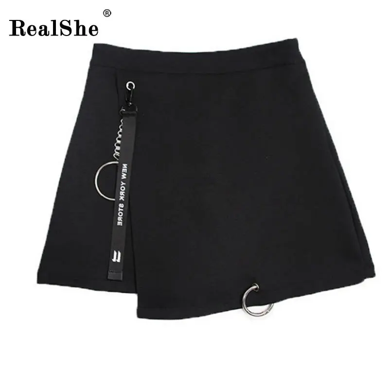 RealShe Jupe Femme Асимметричная черная мини-юбка с буквенным принтом Весенняя Осенняя Женская юбка Повседневная короткая женская юбка