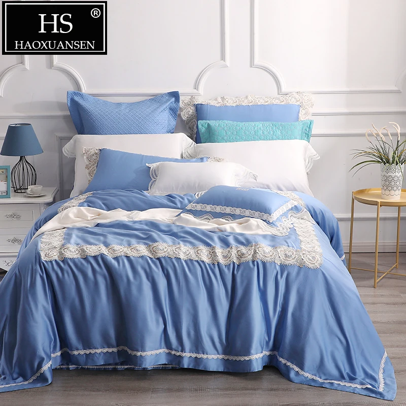 Luxury Lace Tencel Lyocell Blue Bedding Sets 4 Piece Natural Organic Silky Soft Princess Bedclothes Queen King Size Sheets