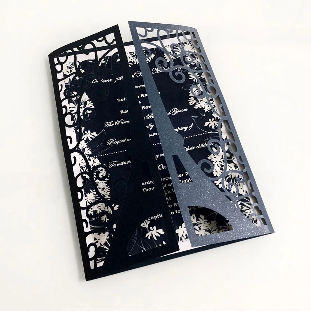  10pcs/set Glitter Embossing Invitation Cards 15*15CM For Wedding Business Party Paris Tower Greetin - 4000302444830