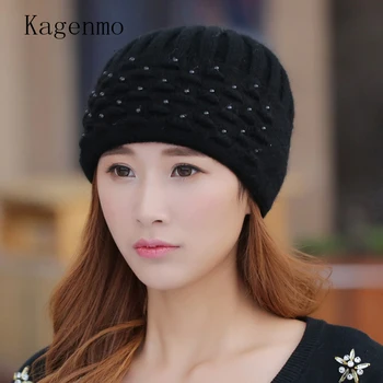 

Kagenmo Women's Winter Knit Hat Wool Warm Rabbit Fur Thick Warm Mother Hat