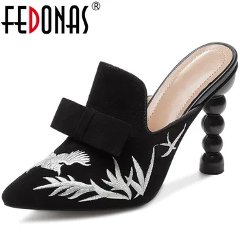 

FEDONAS Butterfly Knot Women Basic Sheepskin Leather Strange Heeled Heels Pumps Pointed Toe Slingbacks 2020 Spring Shoes Woman