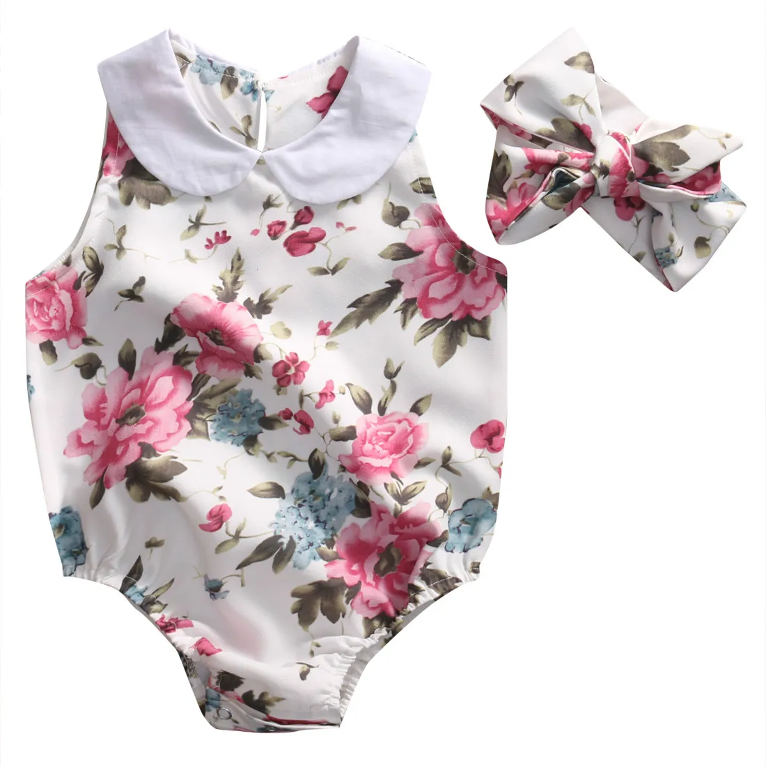 

US STOCK Summer Newborn Infant Baby Girl Floral Doll collar Romper Jumpsuit +Headband Outfits Sunsuit Clothes