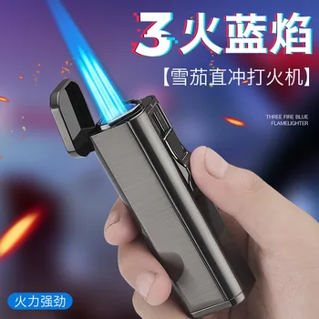 

Three Straight Blue Flame Cigarette Lighter with Cigar Cutter Metal Windproof Torch Butane Lighter Smoking Accessories Men Gifts