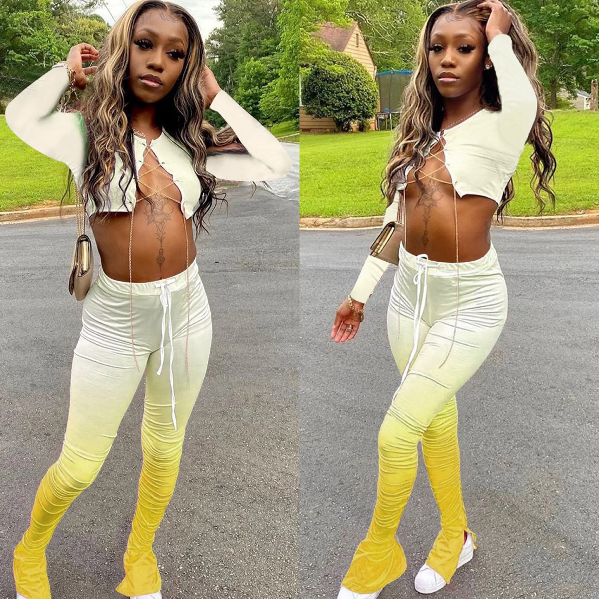 

2020 New Sexy Women Two Piece Set Chain Long Sleeve Tops Gradient Stacked Bottom Flare Jogger Pants Suit Tracksuit Outfits