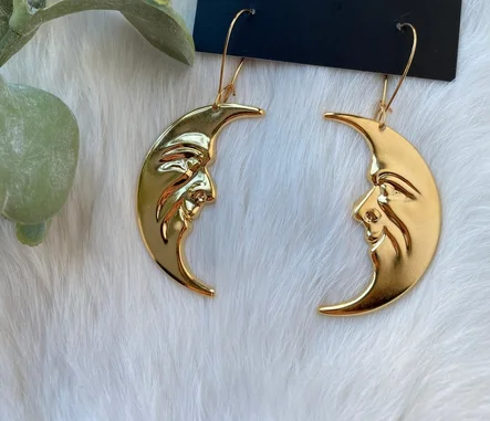 Moon Face Earrings, Drop Earrings, Moon Face, Choose Plated,HALF MOON EARRINGS Cresent Man on The Moon Witchy Celestial gold plated